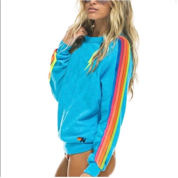 Aviator Nation Tops - Aviator Nation Aqua Blue Bolt Stripe Crewneck Sweatshirt Size Large